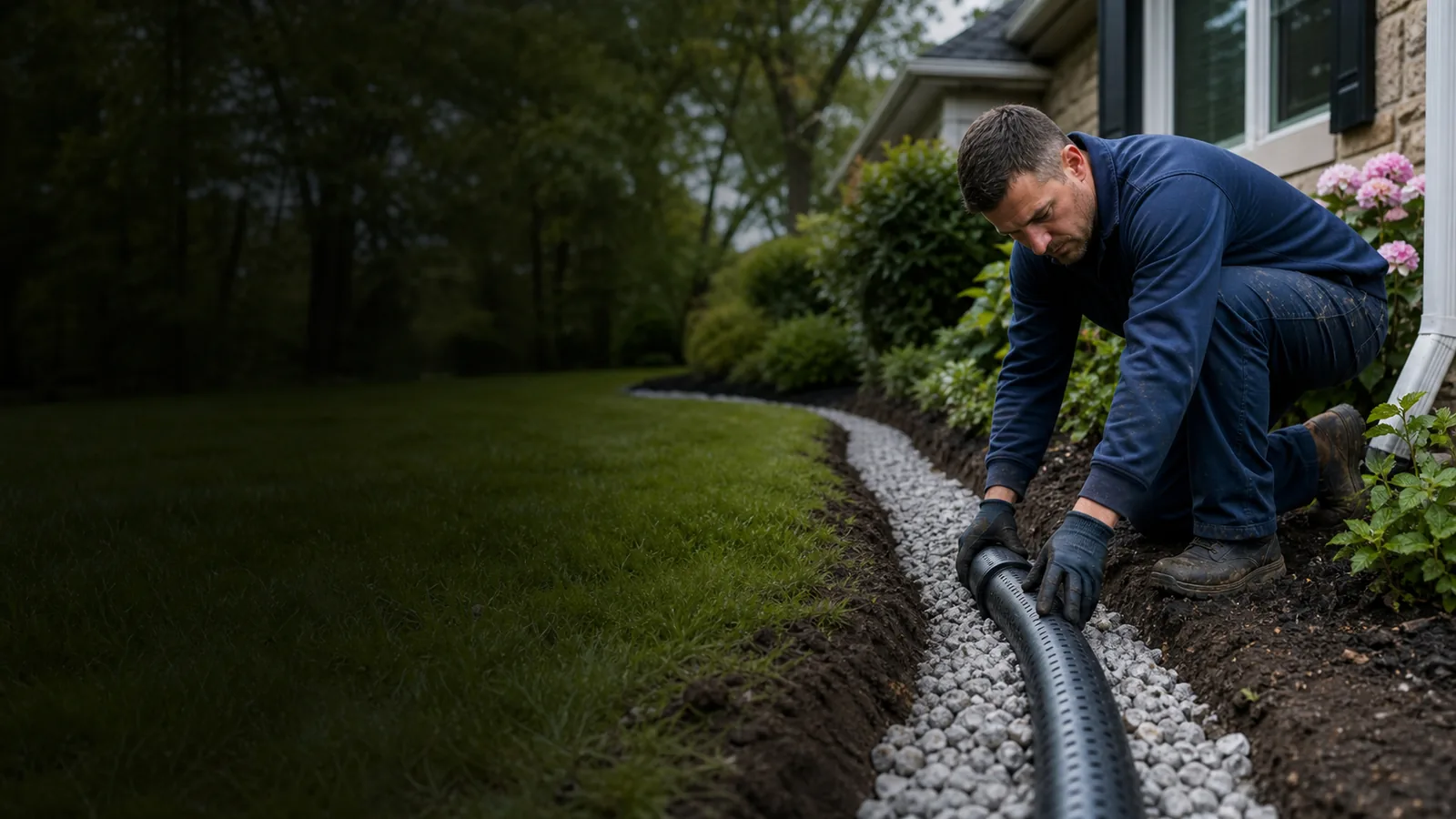 Drainage professional installing a French drain beside a home